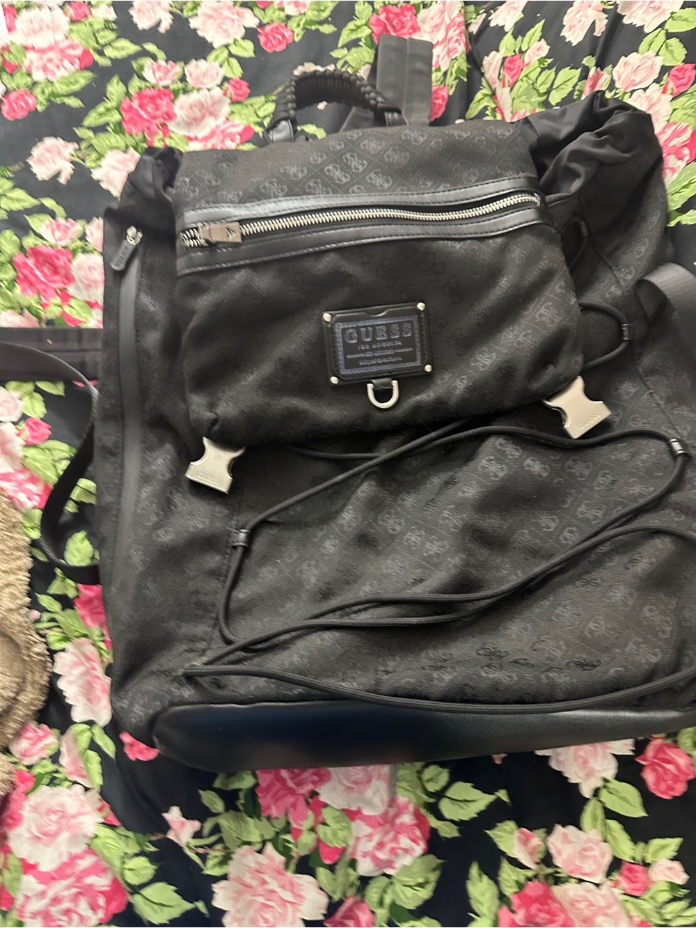 GUESS Black Logo-Print Men’s Backpack with Silver Hardware
